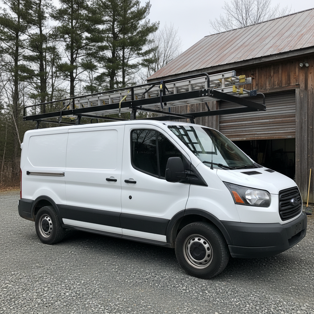 Custom-fabricated heavy-duty steel ladder rack on a work truck