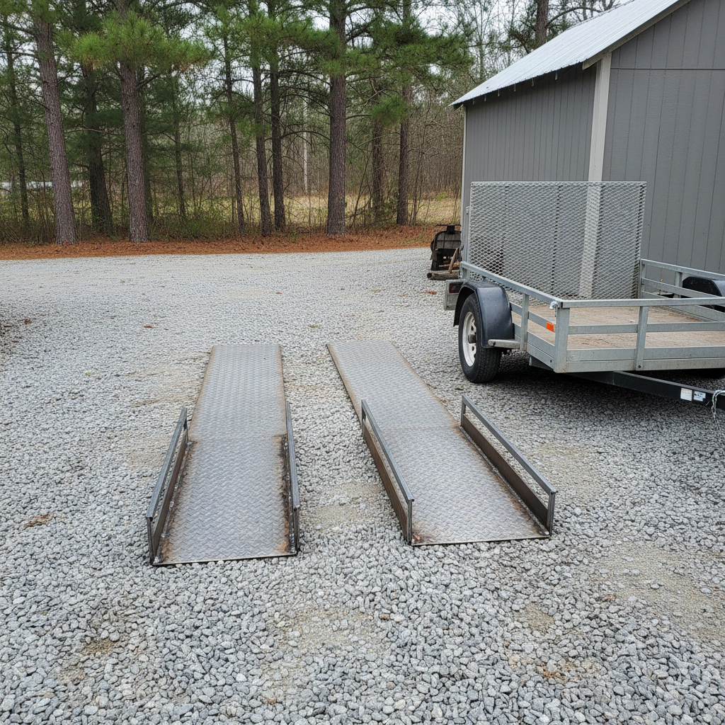 Custom-welded heavy-duty steel loading ramps for a utility trailer